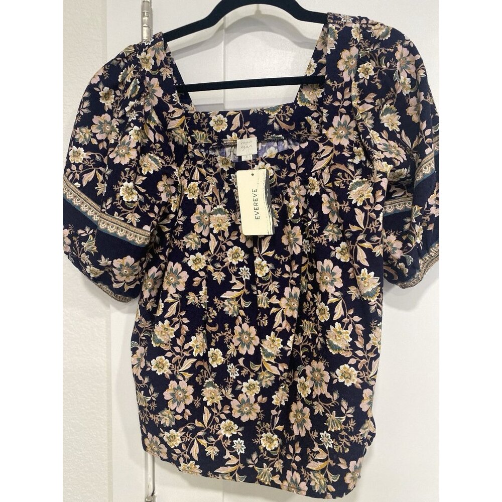 Evereve Top Size Small NWT Puff Sleeve Floral Loose Fit Boho Roan + Ryan Navy